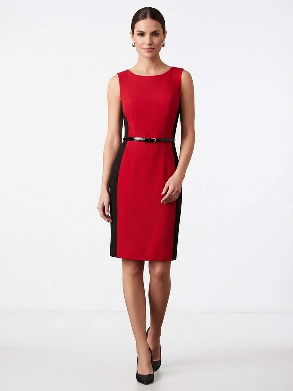 Vintage Cache Dress Size 4 Red Black Colorblock Belted Sheath